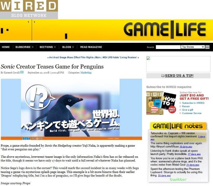 News article from ign.com dated September 22nd, 2008 
                announcing Yuji Naka, creator of Sonic the Hedgehog, 
                would reveal the debut game from his studio PROPE in early October 2008